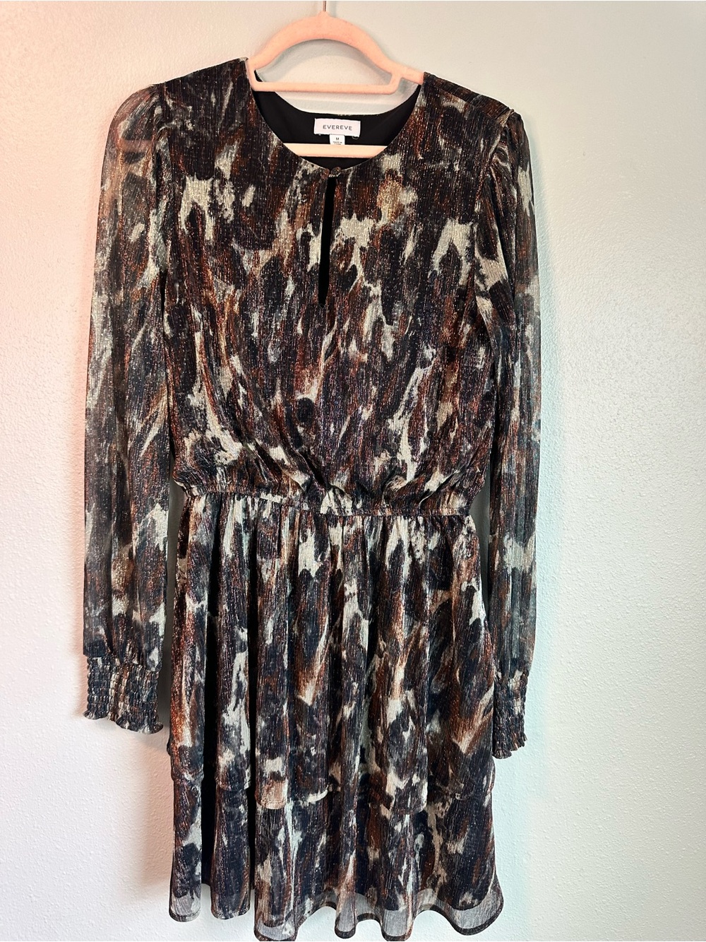 EVEREVE Metallic Shimmer Abstract Animal Print Tiered Mini Dress